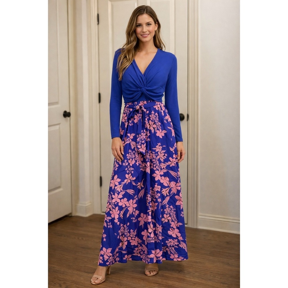 Blue Pink Floral Maxi Dress Long Sleeve Spring Boho Cottagecore Tie Waist L